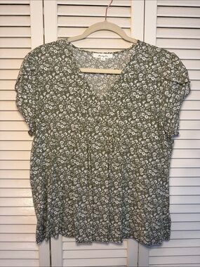 Monday Fun Olive Green Micro Floral V-Neck Blouse